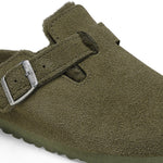 BIRKENSTOCK Boston Shearling Suede Leather Mules in Thyme