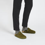 BIRKENSTOCK Boston Shearling Suede Leather Mules in Thyme