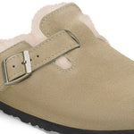 BIRKENSTOCK Boston Shearling Suede Leather Sandals in Taupe