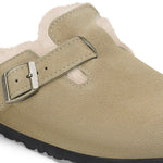 BIRKENSTOCK Boston Shearling Suede Leather Mules in Thyme