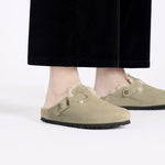 BIRKENSTOCK Boston Shearling Suede Leather Sandals in Taupe
