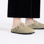BIRKENSTOCK Boston Shearling Suede Leather Mules in Thyme
