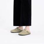 BIRKENSTOCK Boston Shearling Suede Leather Mules in Thyme