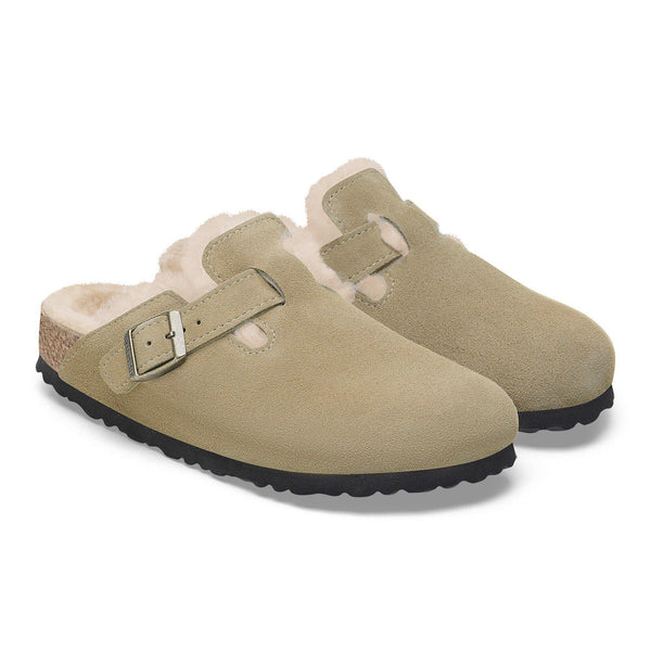 BIRKENSTOCK Boston Shearling Suede Leather Mules in Thyme