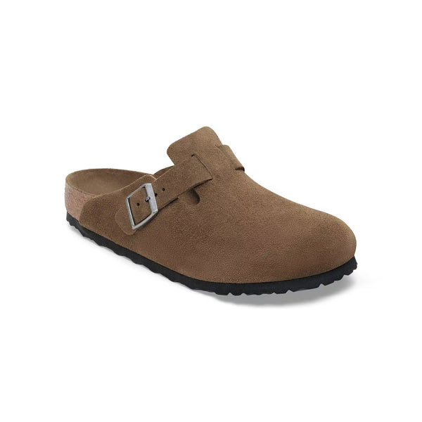 BIRKENSTOCK Boston Soft Footbed Suede Leather Clogs in Dark Tea Tonal