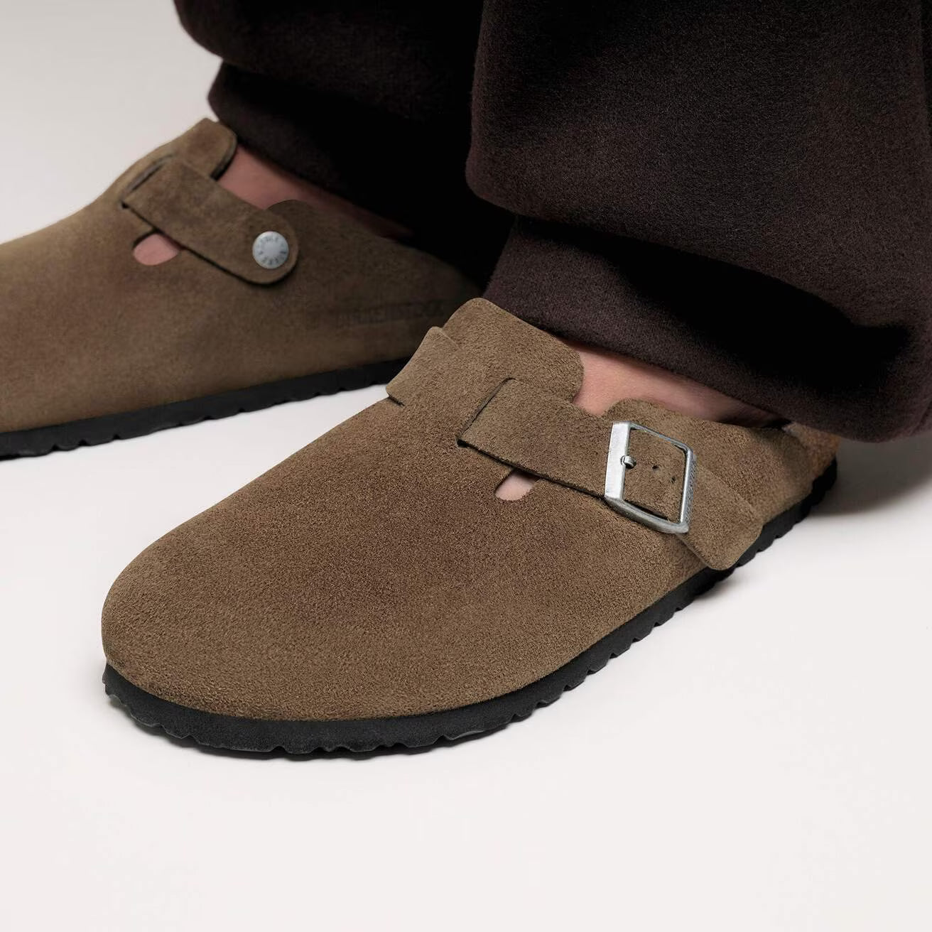 BIRKENSTOCK Boston Soft Footbed Suede Leather Clogs in Dark Tea Tonal