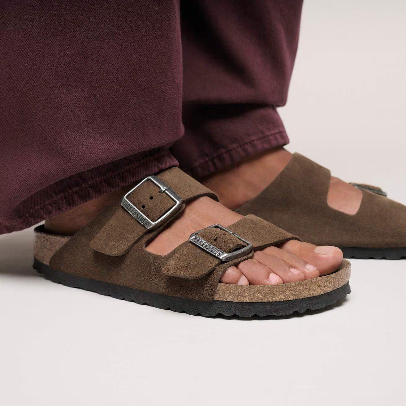 BIRKENSTOCK Arizona Soft Footbed Suede Leather Sandals in Dark Tea Tonal