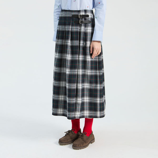 VILAGALLO Long Tartan Kilt Skirt in Grey/Navy