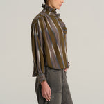 V DE VINSTER Pablo Stripe Ruffle Neck Blouse in Ikat Khaki