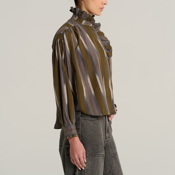 V DE VINSTER Pablo Stripe Ruffle Neck Blouse in Ikat Khaki