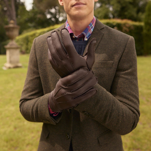 DENTS Eton Cashmere Lined Leather Gloves in Bark/Tangerine