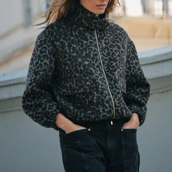 MOS MOSH MMCamille Leopard Print Oversize Bomber Jacket in Black