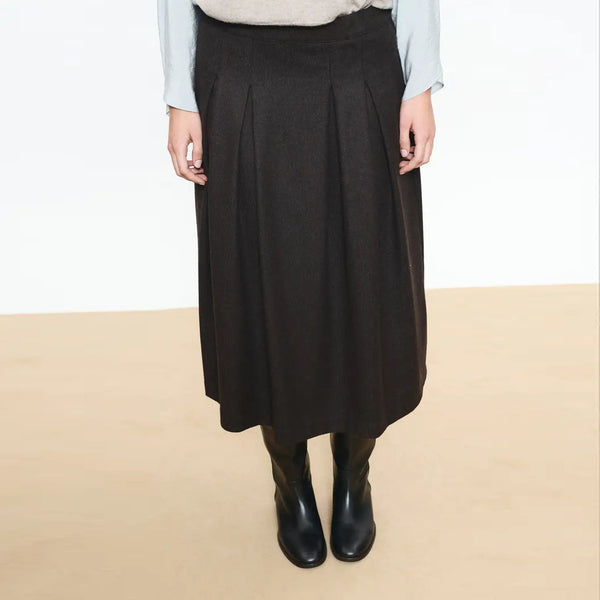 BEATRIZ FUREST College Pleated Wool Midi Skirt in Dark Brown