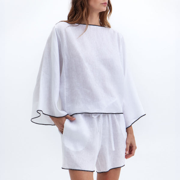 GREEK ARCHAIC KORI Bell Sleeve Interlock Stitch Tunic Top in White/Black