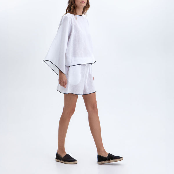 GREEK ARCHAIC KORI Bell Sleeve Interlock Stitch Tunic Top in White/Black
