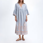 GREEK ARCHAIC KORI Long Feather Embroidered Bell Sleeve Dress in Sky/Champagne