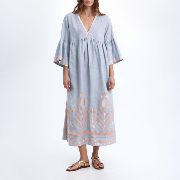 GREEK ARCHAIC KORI Long Feather Embroidered Bell Sleeve Dress in Sky/Champagne
