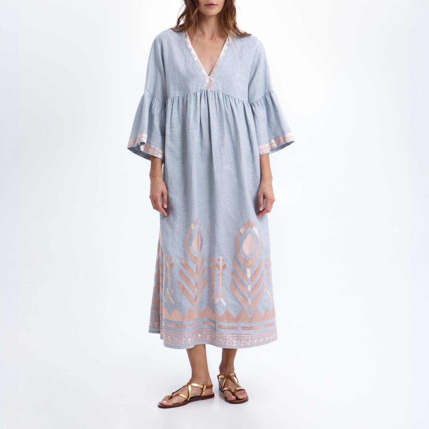 GREEK ARCHAIC KORI Long Feather Embroidered Bell Sleeve Dress in Sky/C GREEK ARCHAIC KORI Long Feather Embroidered Bell Sleeve Dress in Sky/C