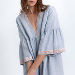 GREEK ARCHAIC KORI Long Feather Embroidered Bell Sleeve Dress in Sky/Champagne
