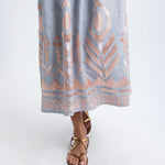 GREEK ARCHAIC KORI Long Feather Embroidered Bell Sleeve Dress in Sky/Champagne