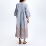 GREEK ARCHAIC KORI Long Feather Embroidered Bell Sleeve Dress in Sky/Champagne
