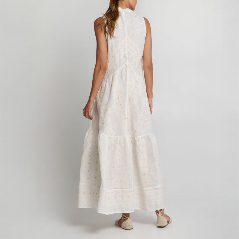 GREEK ARCHAIC KORI Pixel Wimbledon Dress in White/Ecru Gold