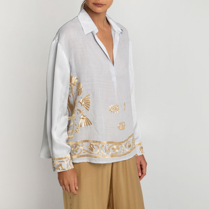 GREEK ARCHAIC KORI Crete Viscose Back Shirt in Light Grey/Gold