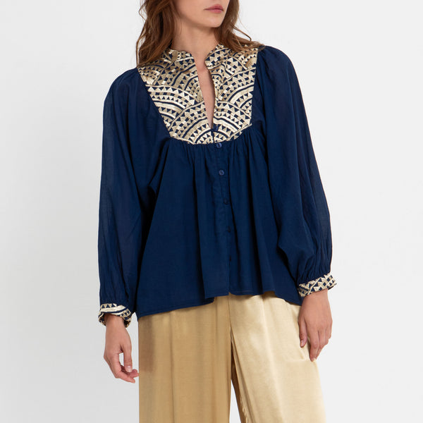 GREEK ARCHAIC KORI Triangle Embroidered Long Sleeve Shirt in Blue Navy/Gold