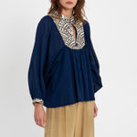GREEK ARCHAIC KORI Triangle Embroidered Long Sleeve Shirt in Blue Navy/Gold