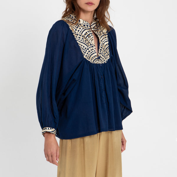 GREEK ARCHAIC KORI Triangle Embroidered Long Sleeve Shirt in Blue Navy/Gold