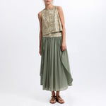 GREEK ARCHAIC KORI Long Triangle Embroidered Skirt in Sage/Gold
