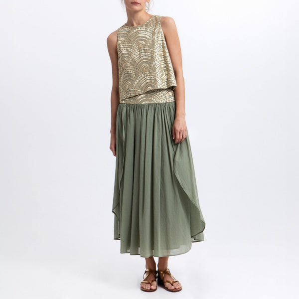 GREEK ARCHAIC KORI Triangle Embroidered Sleeveless Top in Sage/Gold