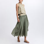 GREEK ARCHAIC KORI Long Triangle Embroidered Skirt in Sage/Gold