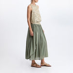 GREEK ARCHAIC KORI Long Triangle Embroidered Skirt in Sage/Gold