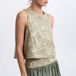 GREEK ARCHAIC KORI Triangle Embroidered Sleeveless Top in Sage/Gold