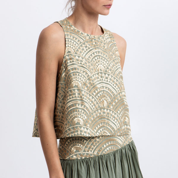 GREEK ARCHAIC KORI Triangle Embroidered Sleeveless Top in Sage/Gold
