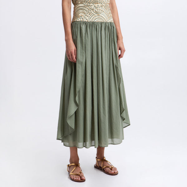 GREEK ARCHAIC KORI Long Triangle Embroidered Skirt in Sage/Gold