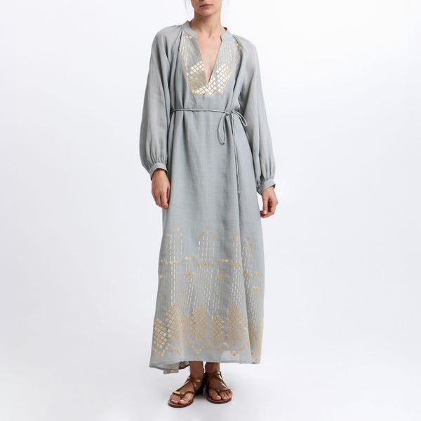 GREEK ARCHAIC KORI Long Grape Bib Collar Dress in Sky/Champagne