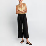 GREEK ARCHAIC KORI Feather Embroidered Elasticated Waist Trousers in Blue Navy/Gold