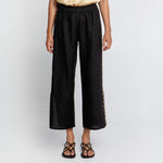 GREEK ARCHAIC KORI Feather Embroidered Elasticated Waist Trousers in Blue Navy/Gold