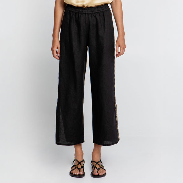 GREEK ARCHAIC KORI Feather Embroidered Elasticated Waist Trousers in Blue Navy/Gold