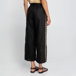GREEK ARCHAIC KORI Feather Embroidered Elasticated Waist Trousers in Blue Navy/Gold