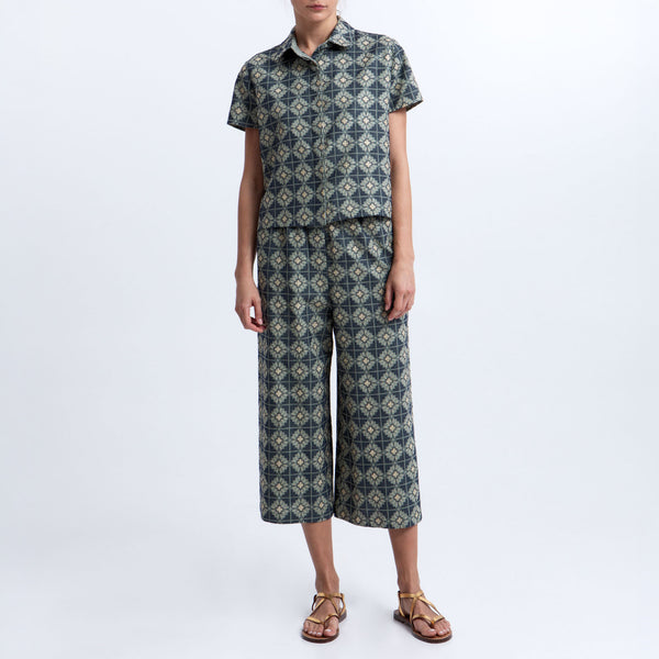 GREEK ARCHAIC KORI Daisy Elastic Waistband Linen Trousers in Sage/Navy Blue
