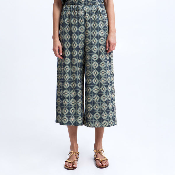 GREEK ARCHAIC KORI Daisy Elastic Waistband Linen Trousers in Sage/Navy Blue