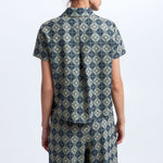 GREEK ARCHAIC KORI Daisy Back Pleat Linen Shirt in Sage/Navy Blue