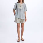 GREEK ARCHAIC KORI Cross Embroidered Short Sleeve Blouse in Blue Navy/Gold