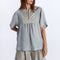 GREEK ARCHAIC KORI Cross Embroidered Short Sleeve Blouse in Blue Navy/Gold