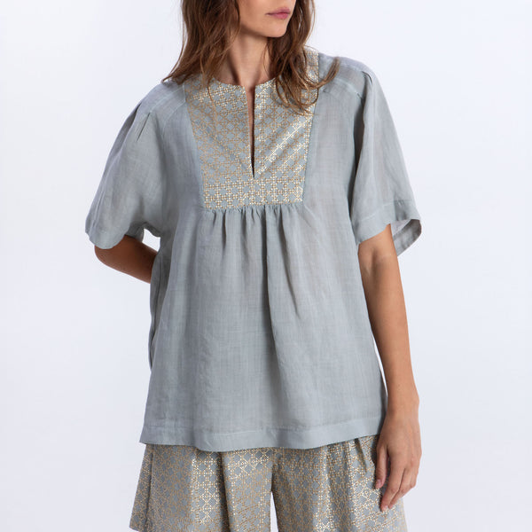 GREEK ARCHAIC KORI Cross Embroidered Short Sleeve Blouse in Blue Navy/Gold