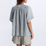 GREEK ARCHAIC KORI Cross Embroidered Short Sleeve Blouse in Blue Navy/Gold