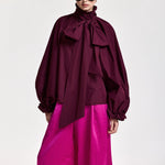 ESSENTIEL ANTWERP Keily Pussy Bow Tie Taffeta Top in Wine
